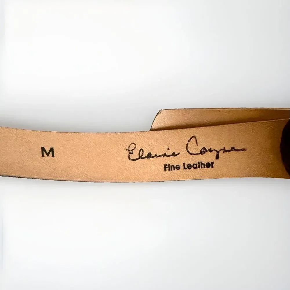 Elaine Coyne Vintage Fine Leather Gold Buckle Brown Herringbone Belt Size M